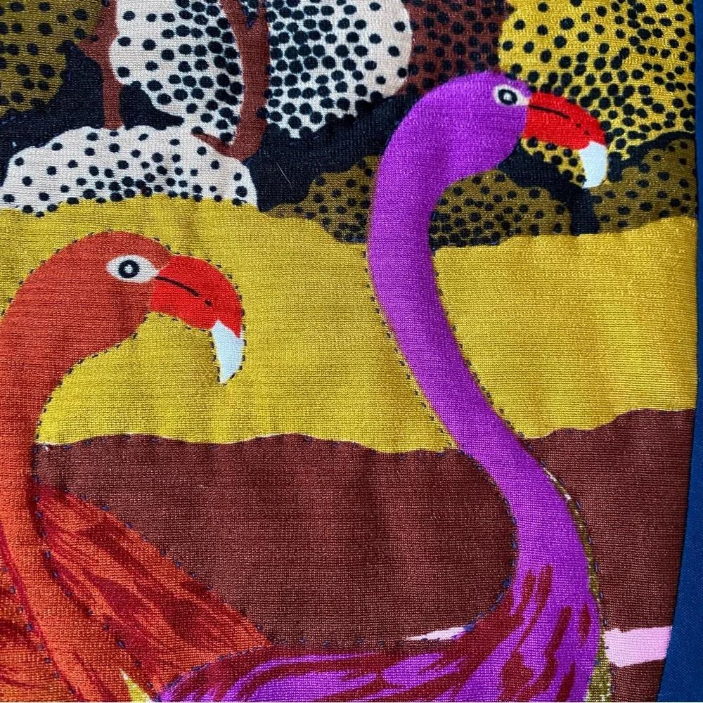 Vtg MCM Handmade Quilt Bedspread Bright Cranes Birds Maroon Wool Floral 58”x82”